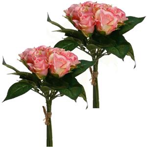 Atmosphera kunstbloemen 2 boeketten 9 roze rozen 24 cm -