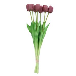 DK Design Kunst tulpen boeket - 7x stuks - aubergine paars - real touch - 43 cm -