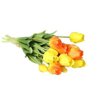 Bellatio Design Kunst tulpen boeket Sally - 7x stuks - geel/oranje - real touch - 47 cm - kunst zijdebloemen -