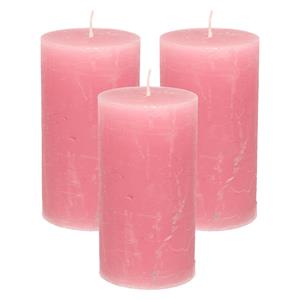 Merkloos Stompkaars/cilinderkaars - 3x - oud roze - 7 x 13 cm - rustiek model -