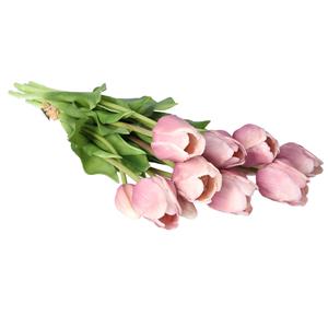 Bellatio Design Kunst tulpen boeket Sally - 7x stuks - zacht lila - real touch - 47 cm - kunst zijdebloemen -