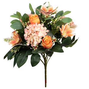 Louis Maes Kunstbloemen boeket roos/hortensia/lelie - oranje/zalm - H39 cm - Bloemstuk - Bladgroen -