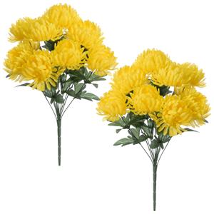 Louis Maes Kunstbloemen boeket crysanten met bladgroen - 2x - geel - H45 cm - Sierbloemen -
