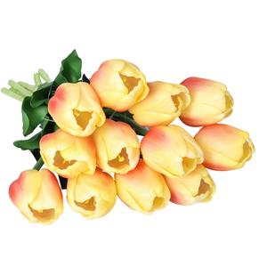 Countryfield Kunstbloemen bosje Tulp Tulipa - 5x - cm - geel/fuchsia - Real Touch - kunst zijdebloemen -