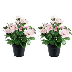 Louis Maes Azalea Kunstbloemen - 2 stuks - in pot - wit/roze - H25 cm -