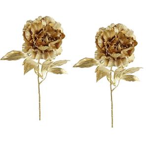 Countryfield Kunsttakken/kunstbloemen- 2x st - Pioenroos - metallic goud - H65 cm - polyester - glans -