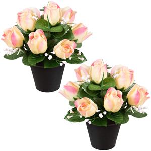 Louis Maes Kunstbloemen klein boeketje rozen in pot - 2x - creme/lichtroze - H25 cm - Bloemstuk - Bladgroen -