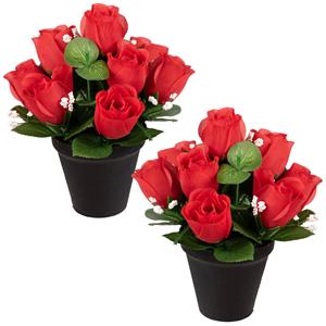 Louis Maes Kunstbloemen klein boeketje rozen in pot - 2x - rood - H25 cm - Bloemstuk - Bladgroen -