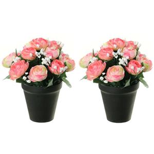 Louis Maes Kunstbloemen plant in pot - 2x - roze/wit tinten - 20 cm - Bloemenstuk ornament -