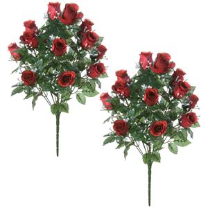 Louis Maes Kunstbloemen boeket rozen/gipskruid - 2x stuks - rood - H56 cm - Bloemstuk - Bladgroen -