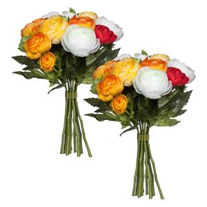 Mica Decorations Kunstbloemen boeket ranonkels - 2x - oranje/rood - 22 cm - decoratie bloemen -