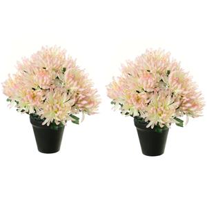 Louis Maes Kunstbloemen plant in pot - 2x - roze/wit tinten - 28 cm - Bloemenstuk ornament -