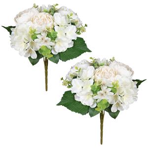 Louis Maes Kunstbloemen boeket roos/hortensia - 2x stuks - creme/wit - H39 cm - Bloemstuk - Bladgroen -