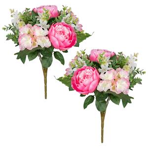 Louis Maes Kunstbloemen boeket roos/hortensia - 2x stuks - roze/cerise - H39 cm - Bloemstuk - Bladgroen -