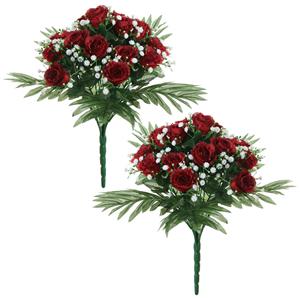 Louis Maes Kunstbloemen boeket rozen/gipskruid - 2x stuks - rood - H36 cm - Bloemstuk - Bladgroen -