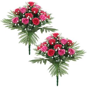 Louis Maes Kunstbloemen boeket rozen/gipskruid - 2x stuks - roze/cerise - H36 cm - Bloemstuk - Bladgroen -