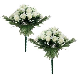 Louis Maes Kunstbloemen boeket rozen/gipskruid - 2x stuks - wit - H36 cm - Bloemstuk - Bladgroen -