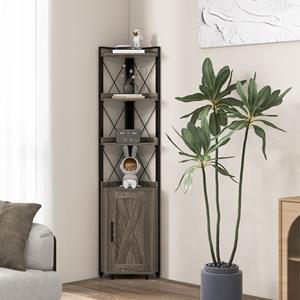 Costway Hoge Kast met 6 Verdiepingen Opbergkast Smal met 4 Planken en Verstelbare Planken Keukenkast Boekenkast Hoekkast Grijs/Bruin