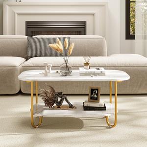 Costway Salontafel met Imitatiemarmeren Blad 2-Laags Theetafel met Opbergplank en Stevig Metalen Frame Moderne Salontafel Multifunctioneel