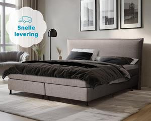 Detroit Boxspringset - Beige, 140x200. Boxspring met luxe hoofdbord, beige.