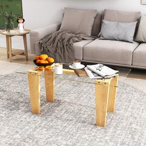 Costway Salontafel van Gehard Glas Moderne Rechthoekige Centrale Tafel van 100 cm met Massief Rubberhouten Poten Minimalistische Cocktailtafel