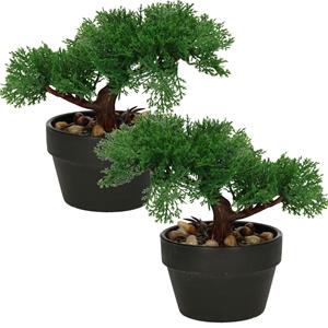 H&S Collection Kunstplant bonsai boompje in pot - 2x - Japans decoratie - 19 cm - Type Moss -