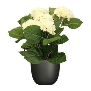 Merkloos Hortensia kunstplant/kunstbloemen cm - wit - in pot zwart mat -