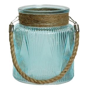 Lumineo Windlicht/lantaarn met relief - glas - D14 x H16 cm - lichtblauw -