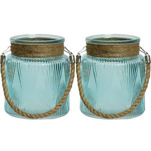 Lumineo 2x stuks windlichten/lantaarns relief - glas - D14 x H16 cm - lichtblauw -