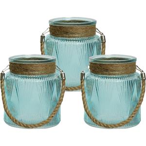 Lumineo 3x stuks windlichten/lantaarns relief - glas - D14 x H16 cm - lichtblauw -
