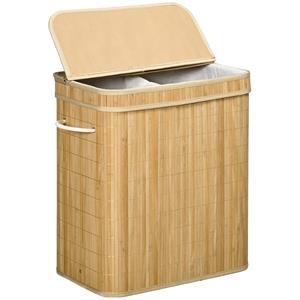 HOMCOM Opvouwbare Bamboe Wasmand, Handige 90L Wascontainer met Uitneembare Binnen Zak en Deksel