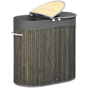 HOMCOM 100 L Wasmand met Deksel, Handgreep, 2 Secties, Uitneembare Waszak, voor Slaapkamer, Badkamer, Bamboe, Grijs