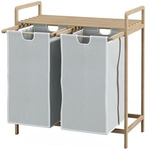 HOMCOM wasmand, praktisch met 2 waszakken, 1 plank, 2 handvatten, ruimtebesparend ontwerp, 63,5 x 33 x 73 cm, bamboe | Aosom.nl