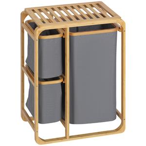 HOMCOM bamboe wasmand, 3 uitneembare manden, ruimtebesparend ontwerp, stevig en duurzaam, 50 x 32 x 69,7 cm, natuurgrijs | Aosom.nl