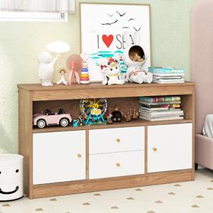 Costway Speelgoedkast voor Kinderen Houten Boekenkast voor Kinderen Open Plank 2 Lades 2 Deuren voor Speelkamer Kinderkamer Wit/Natuurlijke