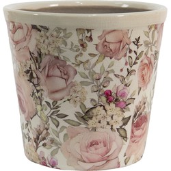 Clayre & Eef Bloempot Ø 12x11 cm Wit Roze Keramiek Rond Bloemen