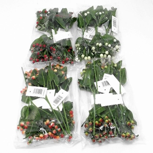 Decoflorall Hypericumbesjes op draad. frosted ORANJE +Groen +/- 6 / pak