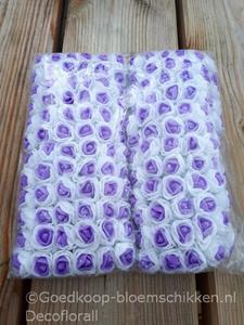 Decoflorall Actie Mini foamrose met tule Wit+Paars hart BULK pak 144 st 2 cm.