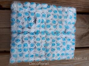 Decoflorall Actie Mini foamrose met tule Wit+Blauw hart BULK pak 144 st 2 cm.