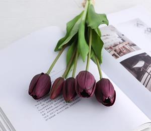 Decoflorall Actie Tulp Tulpen bundel, Luxe Siliconen Real Touch Tulpen kleur Dark Purple / Bundel +/-5st Zijde Tulpen Real Touch Latex, siliconen