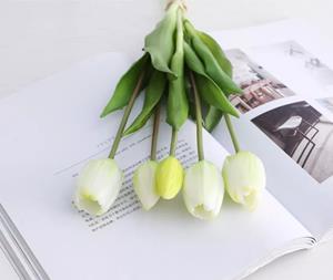 Decoflorall Actie Tulp Tulpen bundel, Luxe Siliconen Real Touch Tulpen kleur Green White, Groenwit Bundel +/-5st Zijde Tulpen Real Touch Latex, siliconen
