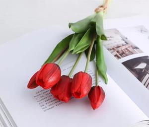 Decoflorall Actie Tulp Tulpen bundel, Luxe Siliconen Real Touch Tulpen kleur Red Rood / Bundel +/-5st Zijde Tulpen Real Touch Latex, siliconen