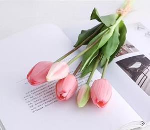 Decoflorall Actie Tulp Tulpen bundel, Luxe Siliconen Real Touch Tulpen kleur Pinkroze / Bundel +/-5st Zijde Tulpen Real Touch Latex, siliconen