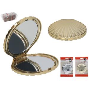 Gerimport Make-up spiegel - handspiegel - zakspiegel Schelp - zilver - 7 x 6.5 cm - dubbelzijdig -
