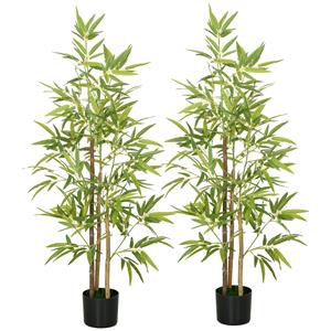 HOMCOM Kunstbamboe Boom Set van 2, 3 Stammen, Onderhoudsarm, 120 cm, Met Cementpot, Groen