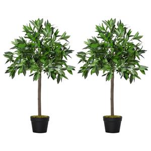 Outsunny 2-delige Set Kunstmatige Laurierboom, 90 cm, Kunstplanten in Cementpot, Kunststof Planten voor Binnen en Buiten, Groen