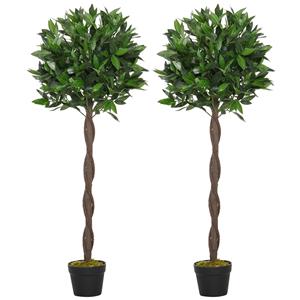 Outsunny Set van 2 Kunstmatige Laurierbomen, 120 cm, Kunstplanten in Cementpot, Kunststof Planten voor Binnen en Buiten, Groen