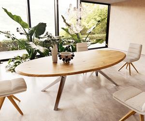 DELIFE Esstisch Edge Oval 280x130x2,5 Eiche Natur Zenthara kantig Edelstahl Flow-Edge