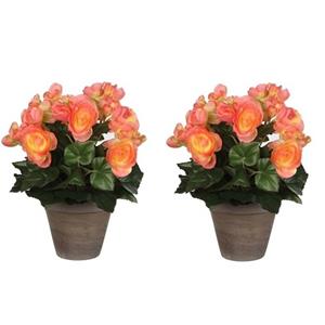 Shoppartners 2x Zalmroze Begonia kunstplanten 30 cm in grijze pot -