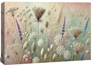 Karo-art Schilderij - Wilde Bloemen ,kruid weide in pastel tinten, 80X60cm, 1luik